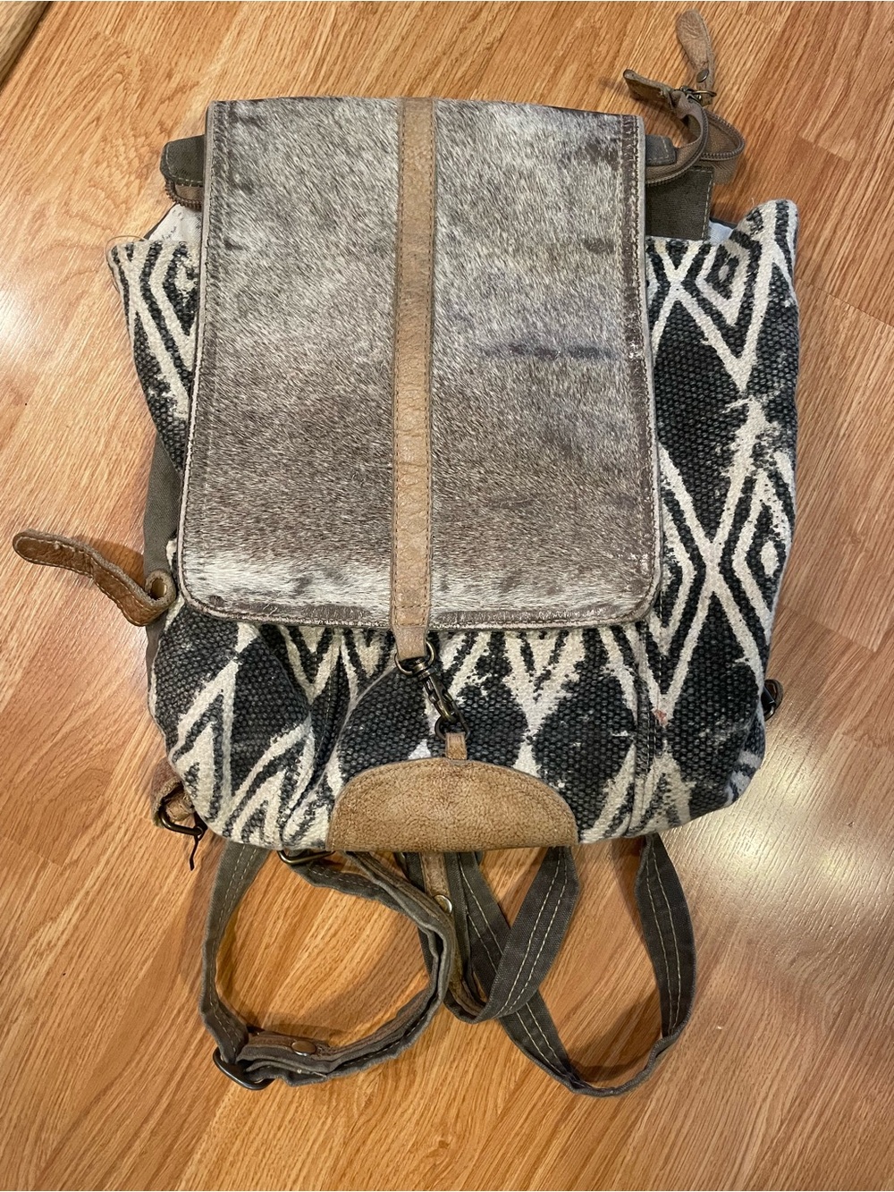 Myra BagHandwoven Black & White Patterned Women's Backpack W/ Brown Leather Trim